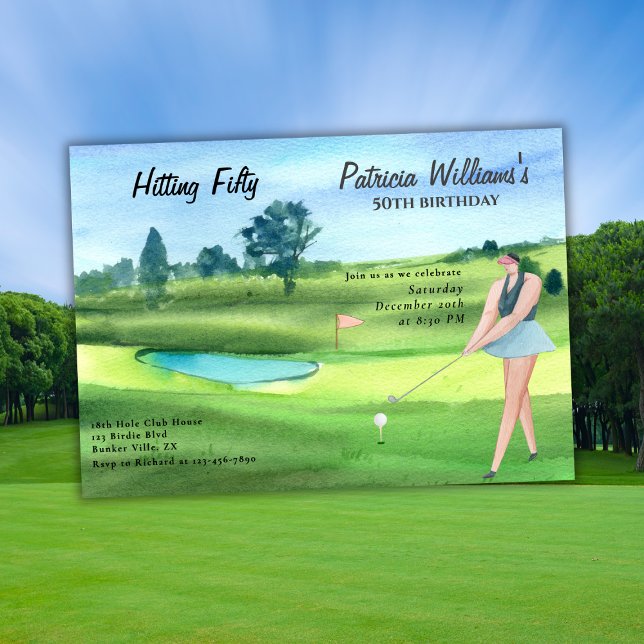 Invitation Elegant Woman Golf Player Swinging 50th Birthday (Créateur téléchargé)