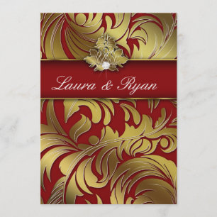 Invitation Élégant Xmas Mariage Diamond Leaf Swirl Gold Red 2
