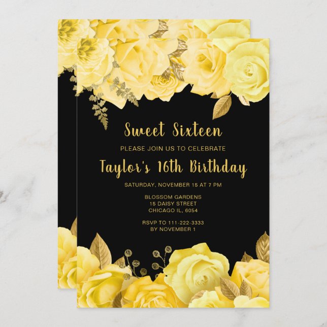Invitation Elegant Yellow and Gold Flowers Sweet Sixteen (Devant / Derrière)