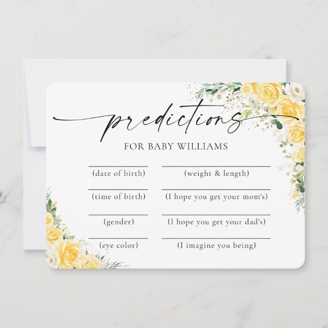 Invitation Elegant Yellow Baby Shower Predictions Card (Devant)