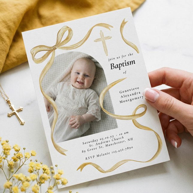Invitation Elegant Yellow Bow Baptism Baby Photo Arch Cross  (Elegant Yellow Bow Baptism Baby Photo Arch Cross Invitation)