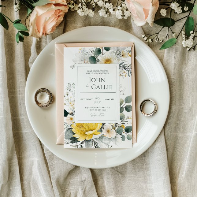 Invitation Elegant Yellow White Floral Eucalyptus Watercolor (Créateur téléchargé)