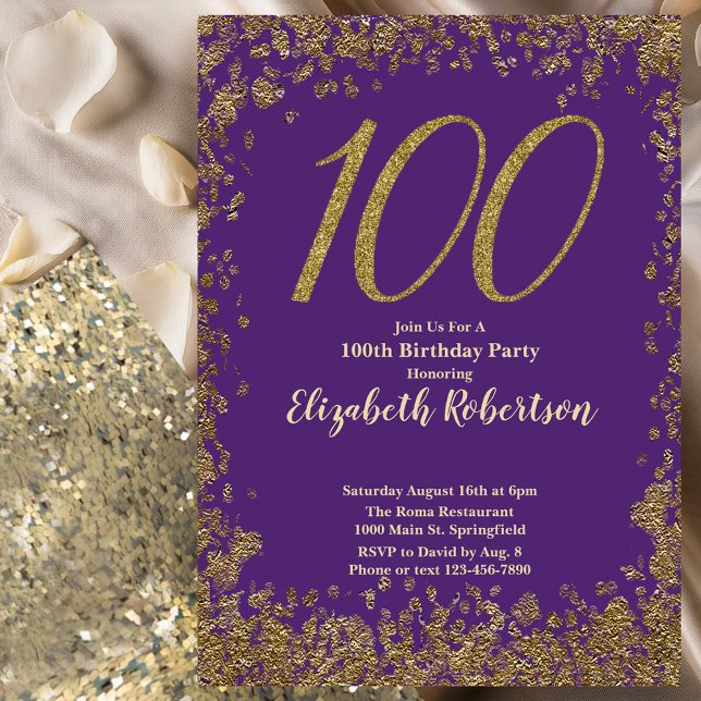 Invitation élégante 100ème anniversaire violet or  (Créateur téléchargé)