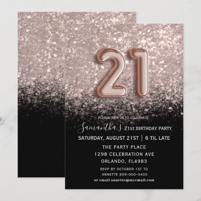 Invitation Élégante 21e anniversaire Black & Rose Gold Partie (Devant / Derrière)
