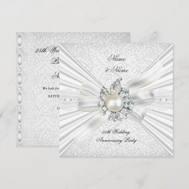 Invitation Elégante 25e Mariage Anniversaire Dentelle blanche (Devant / Derrière)