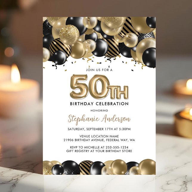 Invitation élégante 50e anniversaire paillettes or (Elegant Gold Black Glitter 50th Birthday Invite)