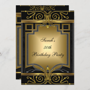 Invitation Elégante 50e fête d'anniversaire Gold Black Art Dé