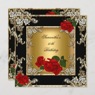 Invitation Élégante 50e fête d'anniversaire Gold Red Rose Noi