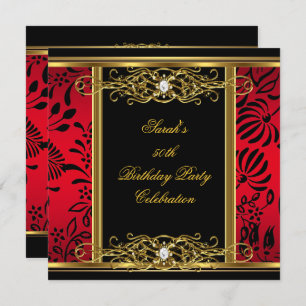 Invitation Élégante 50e fête d'anniversaire Rouge Black Gold