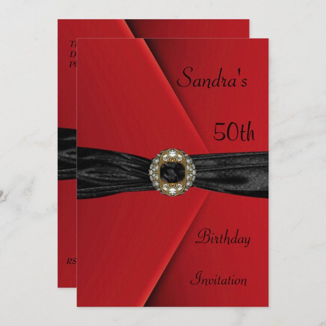 Invitation Élégante 50e Red Velvet Pearl Jewel Bow (Devant / Derrière)