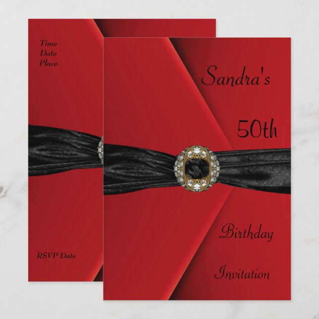 Invitation Élégante 50ème Velours Rouge Perle Joya (Devant / Derrière)
