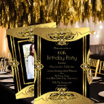 Invitation Élégante 60e anniversaire de la fête Photo Gold Bl<br><div class="desc">Ajoutez votre photo. Élégante 60ème Gold Black Diamond Images Anniversaire Party. Vous pouvez changer d'âge ! Customisez avec vos propres détails.</div>