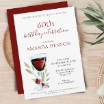 Invitation Élégante 60e anniversaire Red Wine Surprise Party<br><div class="desc">Élégant 60e anniversaire vin rouge Surprise Anniversaire Invitation fête. 60e anniversaire invitation pour elle ou lui. Invitation avec un verre de vin rouge, roses et brindilles sur un arrière - plan blanc. Le texte est entièrement personnalisable - personnalisez-le avec votre nom, n'importe quel âge - 30ème 40ème 50ème 70ème 80ème...</div>