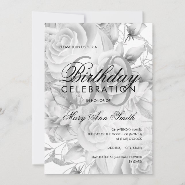 Invitation Élégante 60e fête d'anniversaire Floral Argent Bla (Devant)