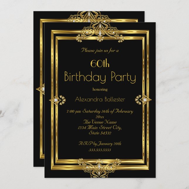 Invitation Élégante 60ème anniversaire de la fête Photo Black (Devant / Derrière)
