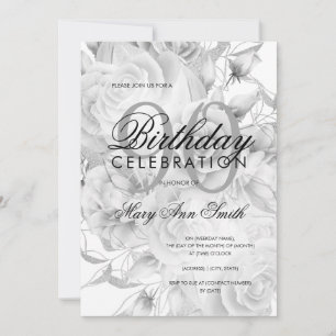 Invitation Elégante 90e fête d'anniversaire Floral Argent Bla