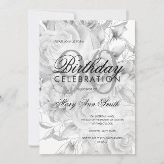 Invitation Elégante 90e fête d'anniversaire Floral Argent Bla