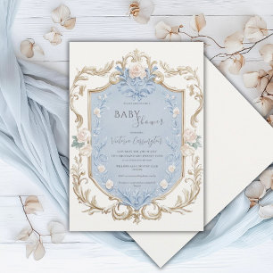 Invitation élégante à cadre doré et fleurs bleues 