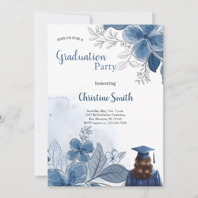 Invitation élégante à fleurs bleues pour une fête  (Devant)