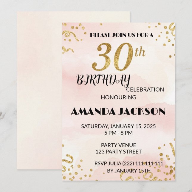 Invitation élégante à fleurs dorées pour 30e anniv (Devant / Derrière)
