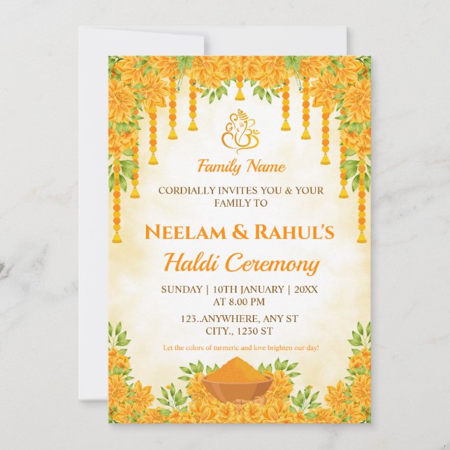 Invitation élégante à la cérémonie Haldi (Devant)