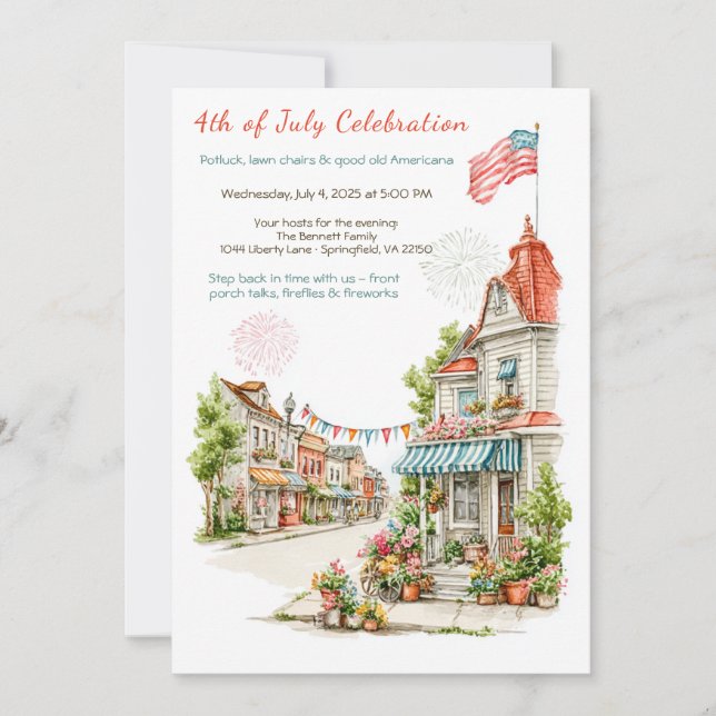 Invitation élégante à l'aquarelle pour le 4 juille (Devant)