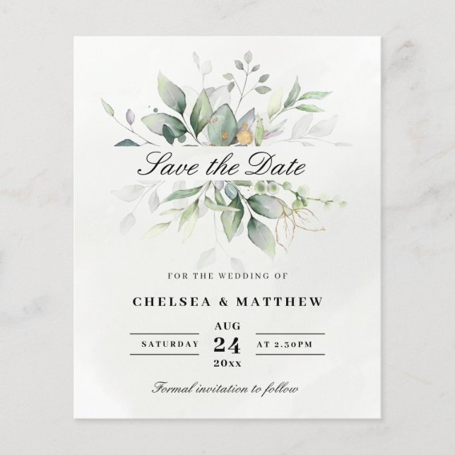 Invitation élégante à l'aquarelle verte et dorée s (Devant)