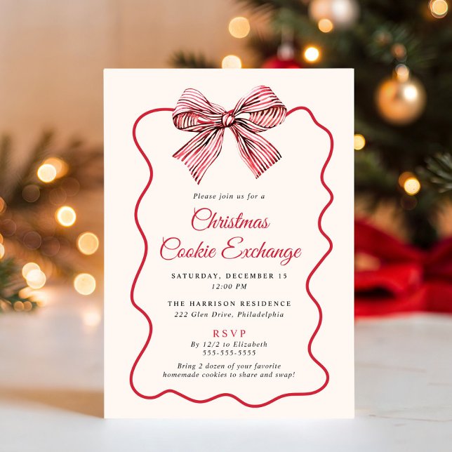 Invitation élégante à l'échange de biscuits de Noë (Elegant Coquette Bow Christmas Cookie Exchange Invitation
)