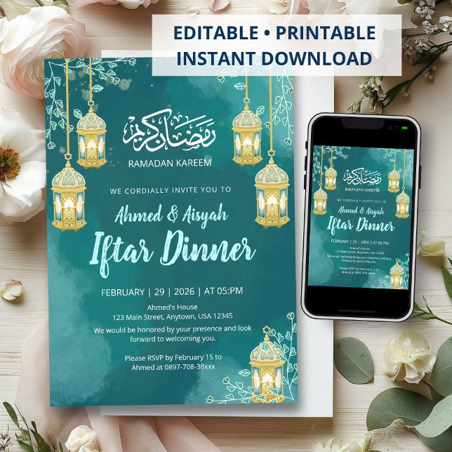 Invitation élégante à l'Iftar en aquarelle sarcell (Créateur téléchargé)