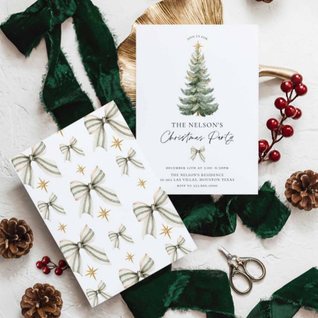 Invitation élégante à une fête de Noël (Classic Christmas Holiday Party Invitation - featuring Christmas tree and green bows)