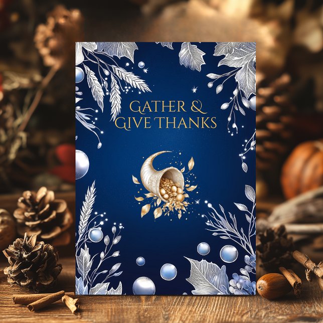 Invitation Elégante Action de grâce Bleue avec Cornucopia & A (Créateur téléchargé)
