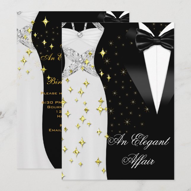 Invitation Élégante Affaire Robe Blanche Nœud Papillon Noir A (Devant / Derrière)
