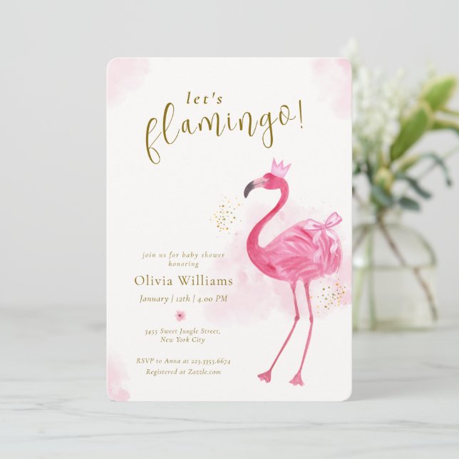 Invitation Élégante Aloha Or Rose Fête de Bébé Flamant Rose (Debout devant)