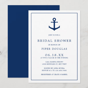 Invitation Elégante Ancre bleue marine Fête des mariées nauti