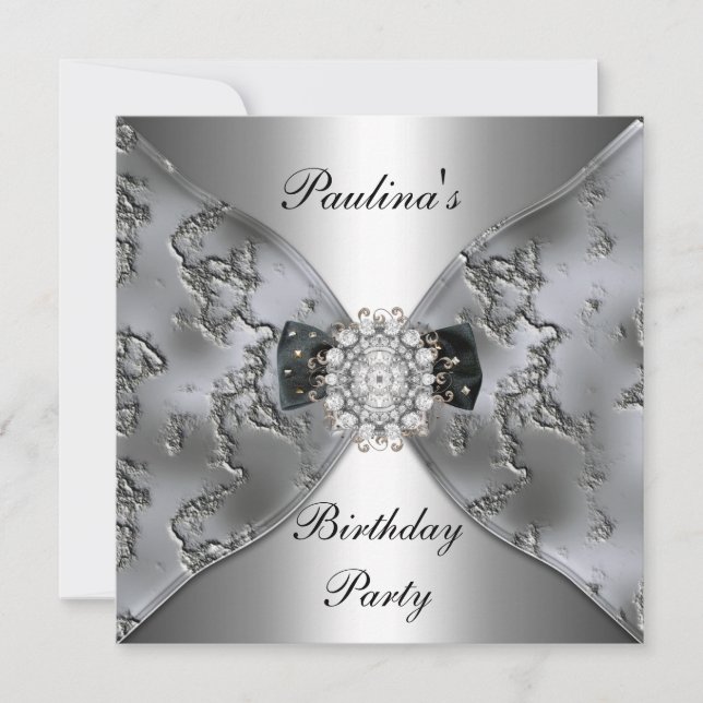 Invitation Élégante Anniversaire Argent Bijou Diam (Devant)