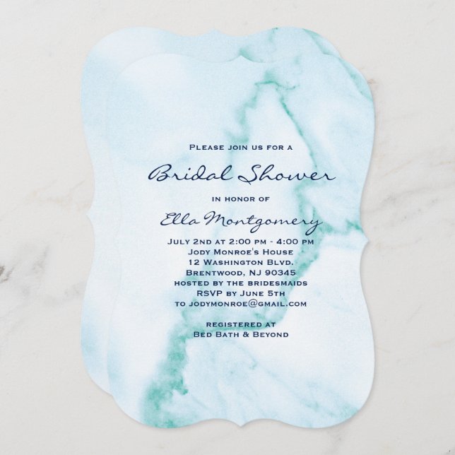 Invitation Elégante Aqua Marble nuptiale douche (Devant / Derrière)