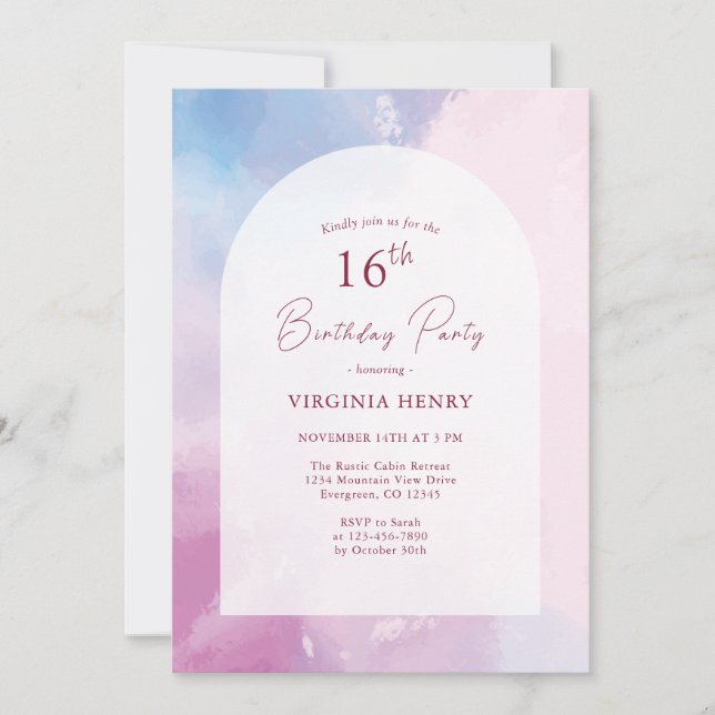 Invitation Elégante aquarelle 16e anniversaire (Devant)