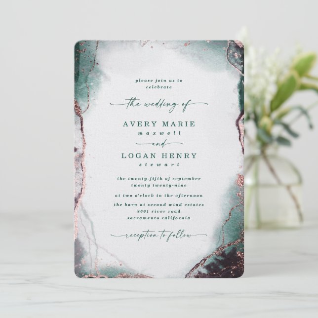 Invitation Elégante aquarelle Abstraite Emerald Green Mariage (Debout devant)