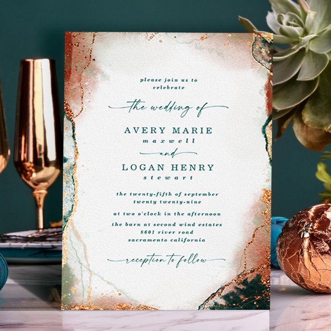 Invitation Elégante aquarelle Abstraite Turquoise et Mariage  (Teal and Copper Abstract Wedding Invitations)