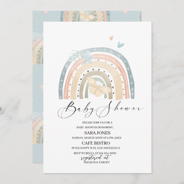 Invitation Elégante aquarelle arc-en-ciel et papillon Floral (Devant / Derrière)