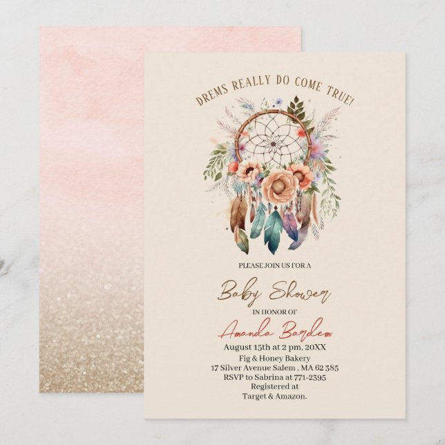 Invitation Elégante aquarelle attrape rêve et fleurs (Devant / Derrière)
