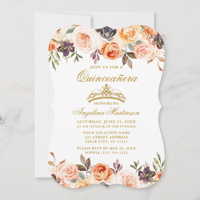 Invitation Elégante aquarelle Automne Floral Or Quinceanera (Devant)