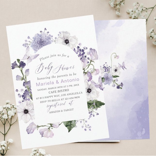 Invitation Elégante aquarelle Baby shower de fleurs Lilac (Créateur téléchargé)