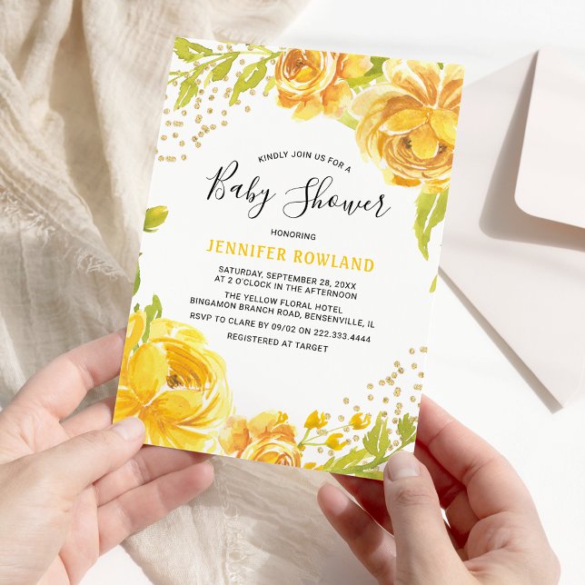 Invitation Elégante aquarelle Baby shower floral jaune (Créateur téléchargé)