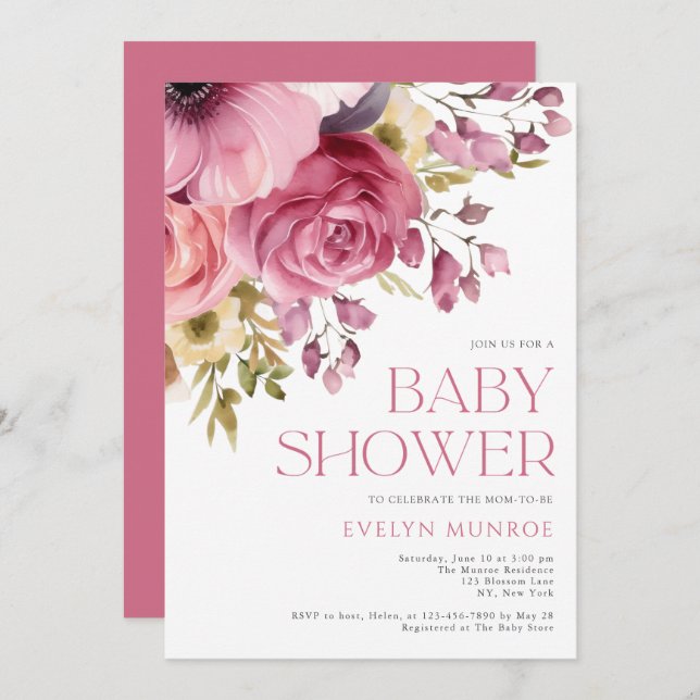 Invitation Elégante aquarelle Baby shower rose floral (Devant / Derrière)