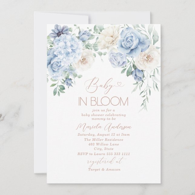 Invitation Elégante aquarelle bébé dans Blooom fleurs bleues  (Devant)