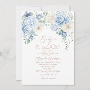 Invitation Elégante aquarelle bébé dans Blooom fleurs bleues