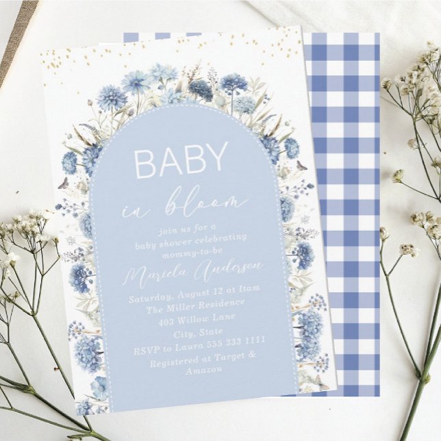 Invitation Elégante aquarelle bébé dans Blooom fleurs bleues  (Créateur téléchargé)