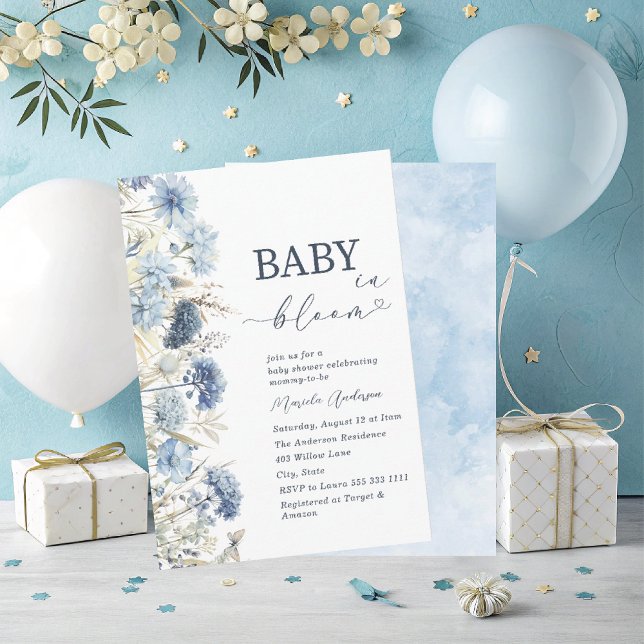 Invitation Elégante aquarelle bébé dans Blooom fleurs bleues  (Créateur téléchargé)