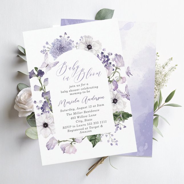Invitation Elégante aquarelle bébé dans le sang Fleurs pourpr (Créateur téléchargé)